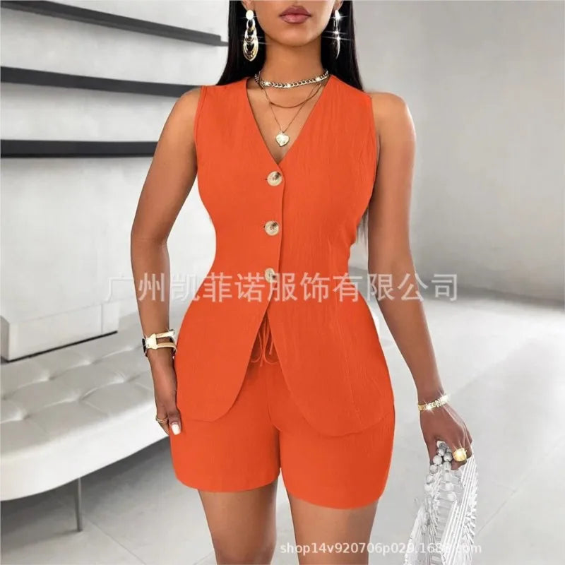Women Fashion Casual Shorts Set Summer Vest Top Button Solid 2 Pieces Set Lace-up Pant Suits Womens Clothing Office Holiday 2025