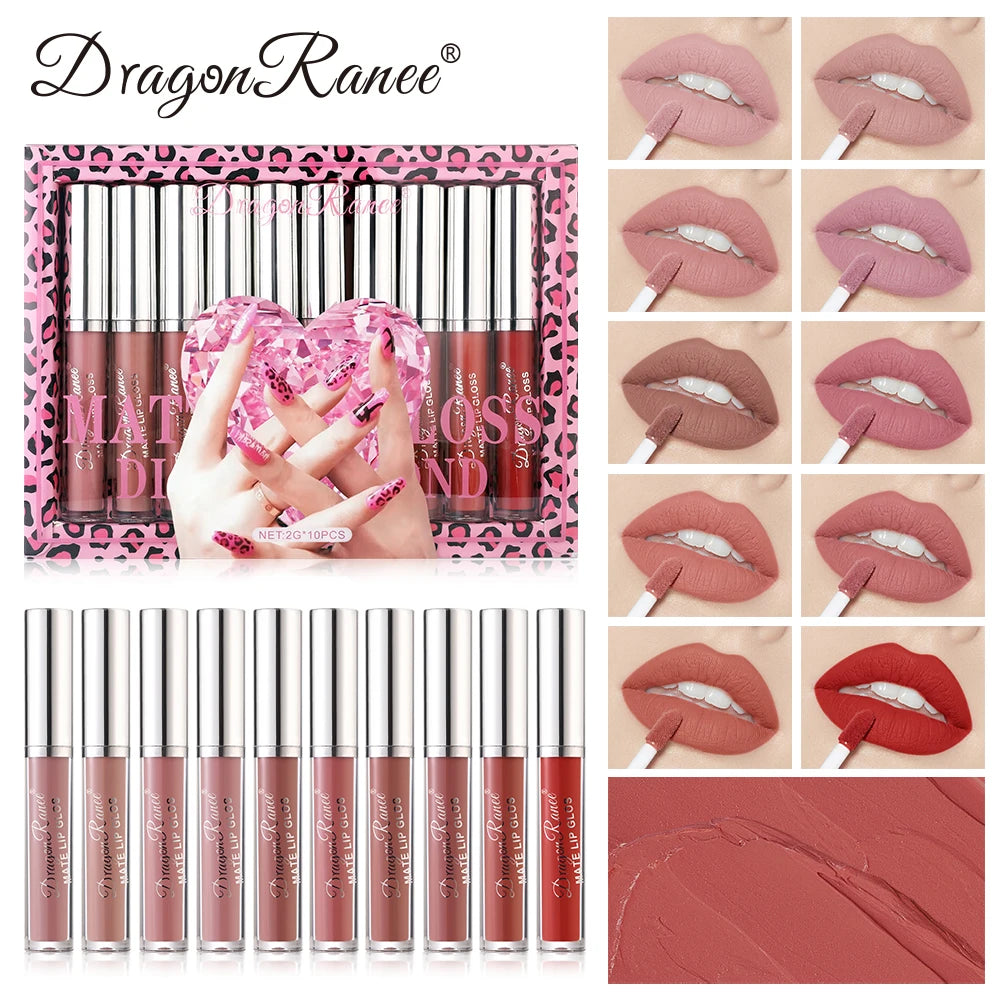 Lip Gloss Set of Ten in a Box, Velvet Soft Matte, Brightening, Versatile, Moisturizing Lipstick, Nude Color, Long-Lasting, Non-Stick, Non-Fading Lip Gloss