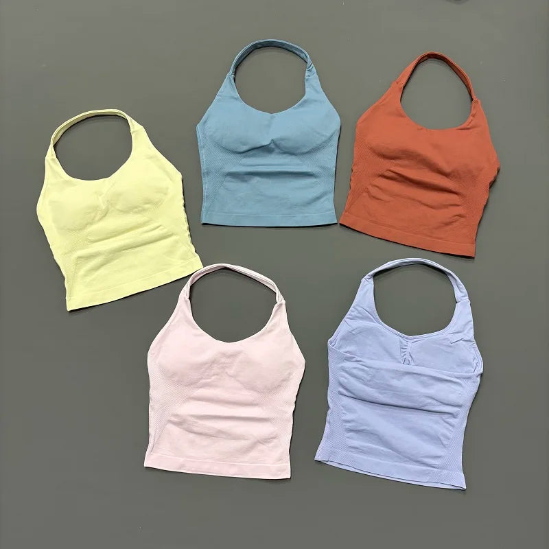 Halter Yoga Tank Top Women Sexy Seamless Strappy Backless Slim Fit Padded Breathable Gym Fitness Running Workout Sports Tops