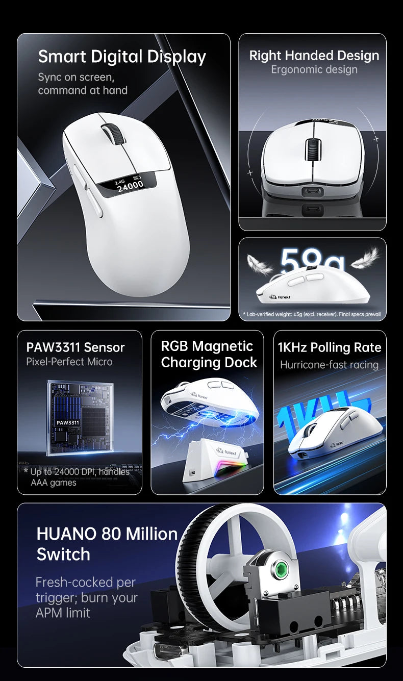 A7 Lightweight Wireless Gaming Mouse,24000DPI,Magnetic Charging Base,Tri-Mode Connection,PAW3311 Macro Esports Office Mouse