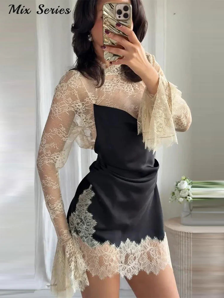 Sexy Color Block Bodycon Dress Women's Lace Insert Full Sleeve Y2K Mini Dresses 2025 Autumn Lady New Elegant Party Clubwear
