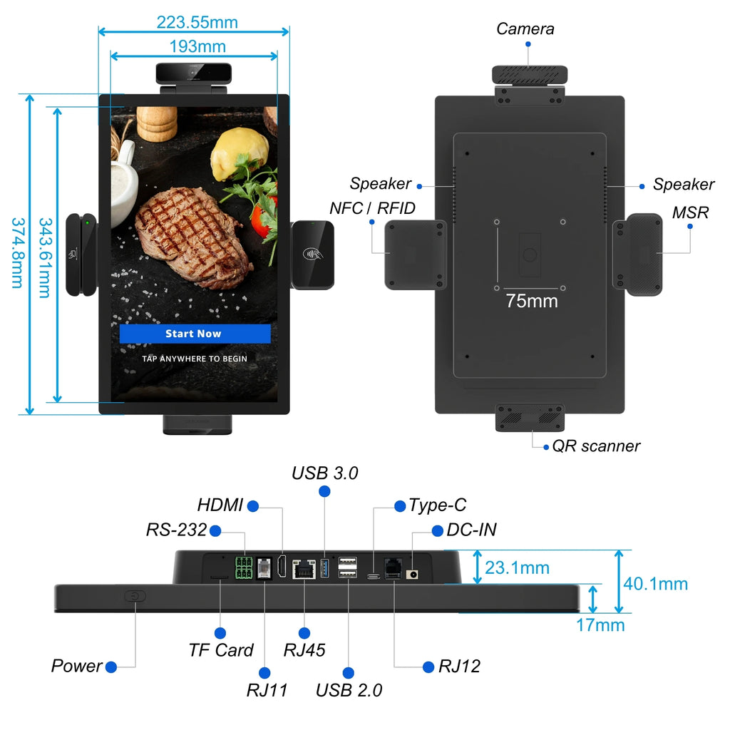 15 Inch Wall Mount Payment Kiosks Burger Shop POE Power Supply QR Code Scanner Android OS