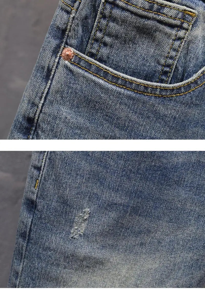 Blue Old Retro Summer Men's Denim Medium Pants Embroidered Scratches Washed Versatile Elastic Shorts Cargo Half Pants Jeans