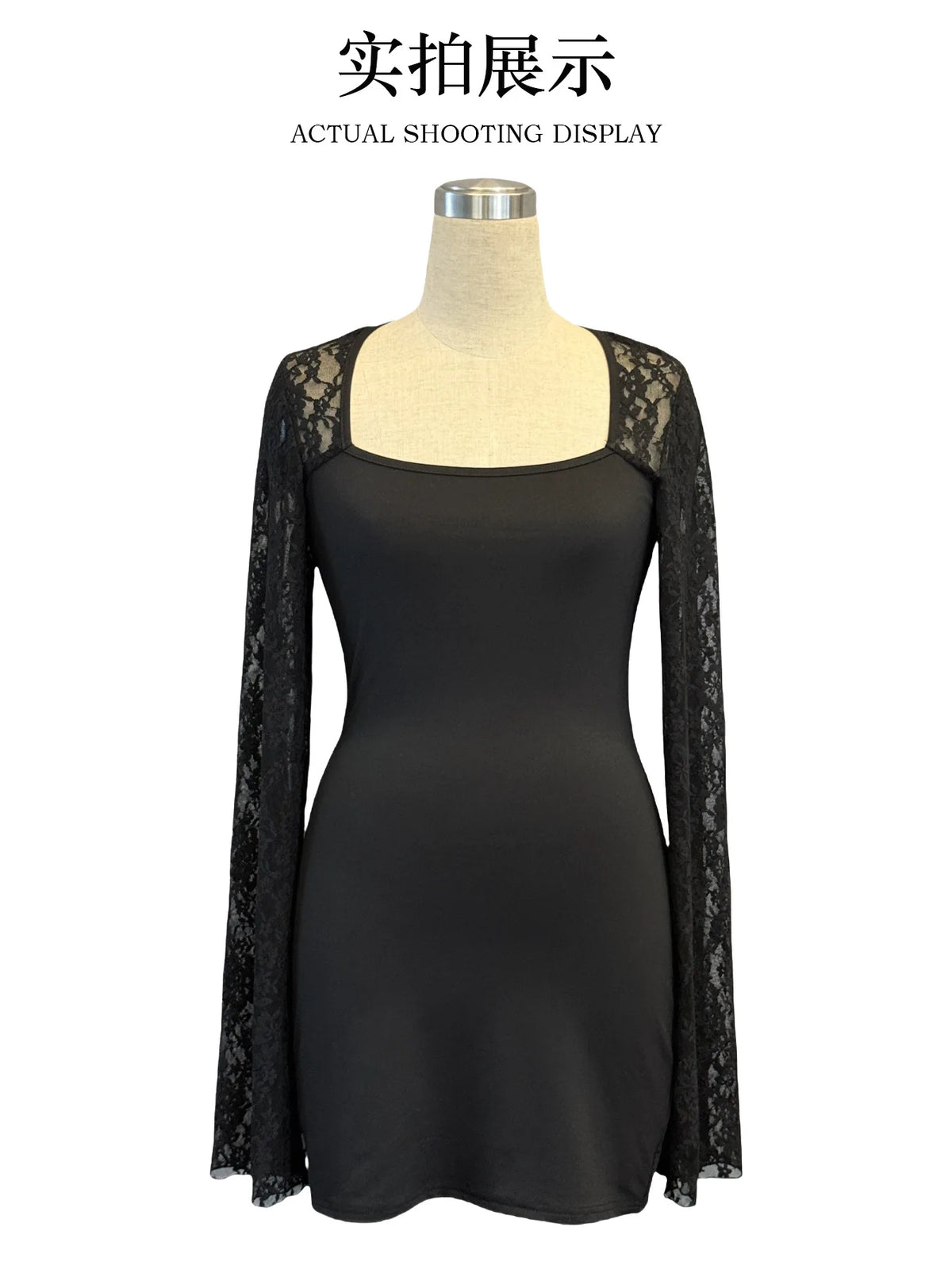 2026 Autumn New Flare Sleeve Split Lace Patchwork Square Neck Bodycon Dress Women