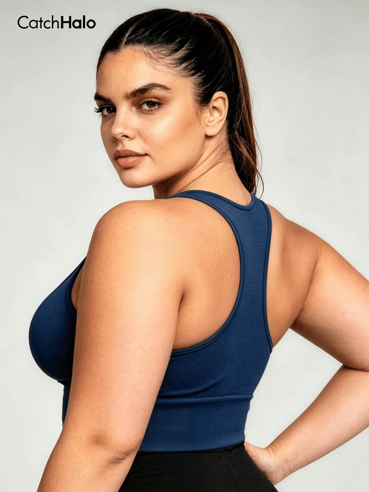 Cropped Plus Size Sports Bra Seamless Ribbed Racerback Bra for Pilates Daily Wear Gym Workout