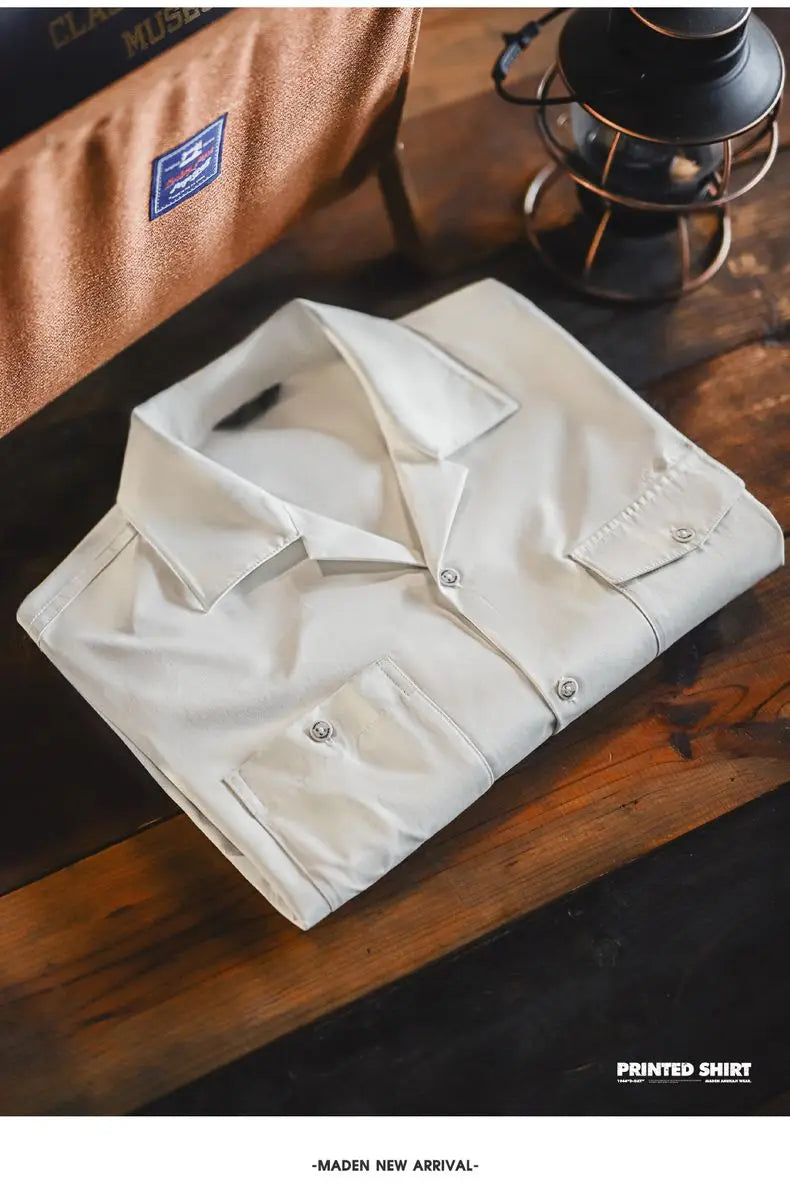 Maden Men's Vintage Printed Long Sleeve Shirt White Cuban Collar Single Breasted Blouse Loose Fit Shirt for Spring and Fall Tops