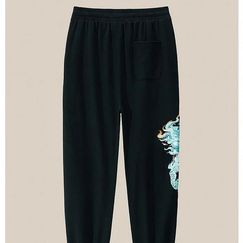 Lyprerazy Men's Casual Pants Embroidered Cotton Sweatpants National Tide Loose Straight Elastic Waist Pants