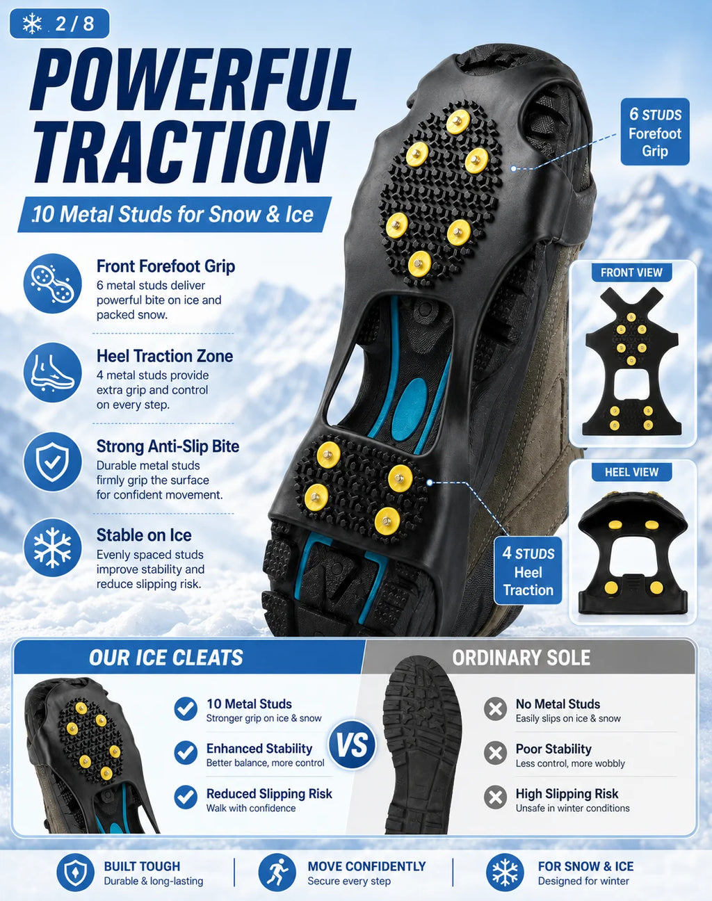Anti Slip Ice Cleats Shoe Covers 10 Stud Snow Grips Winter Traction Crampons for Boots Hiking Walking Outdoor Safety Gear Unisex