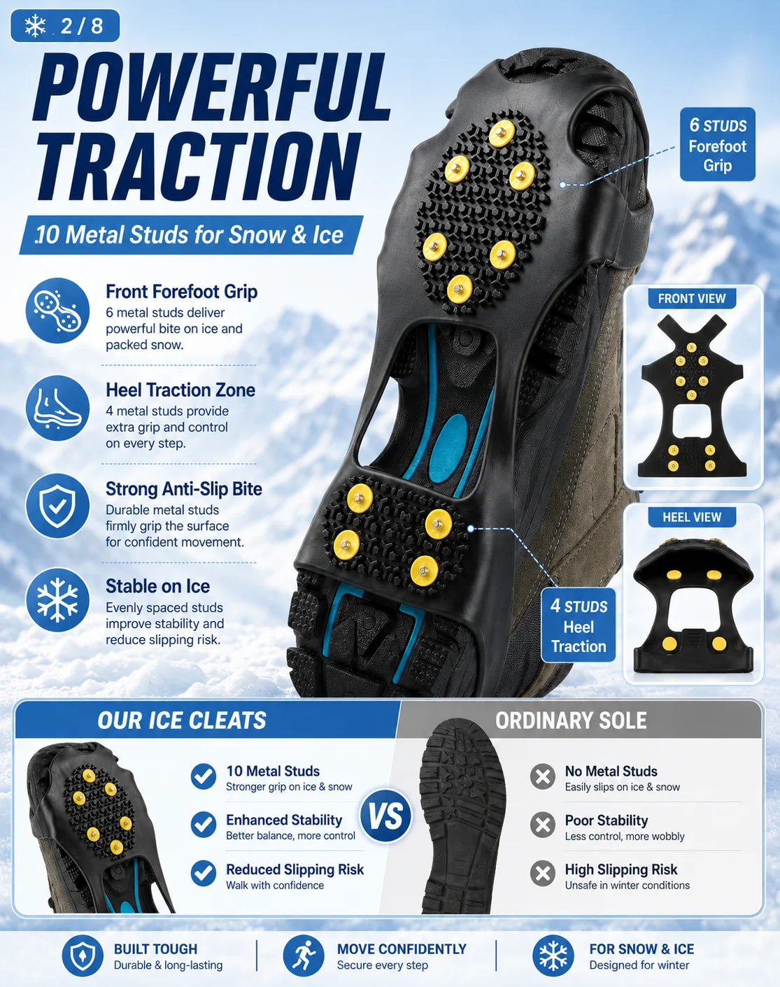 Anti Slip Ice Cleats Shoe Covers 10 Stud Snow Grips Winter Traction Crampons for Boots Hiking Walking Outdoor Safety Gear Unisex