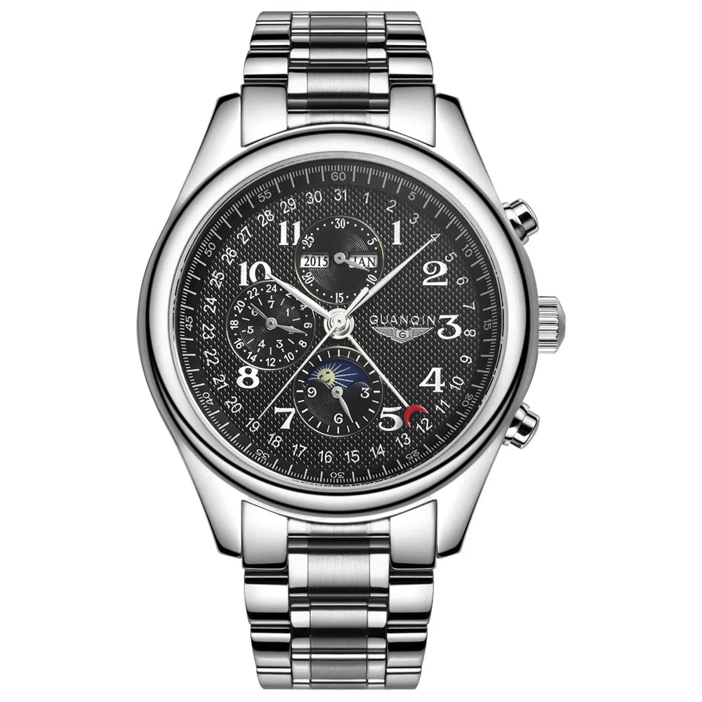 GUANQIN Leather Steel Mechanical Sapphire Men Watches Top Brand Luxury Waterproof Automatic Wristwatch Calendar Moon Phase
