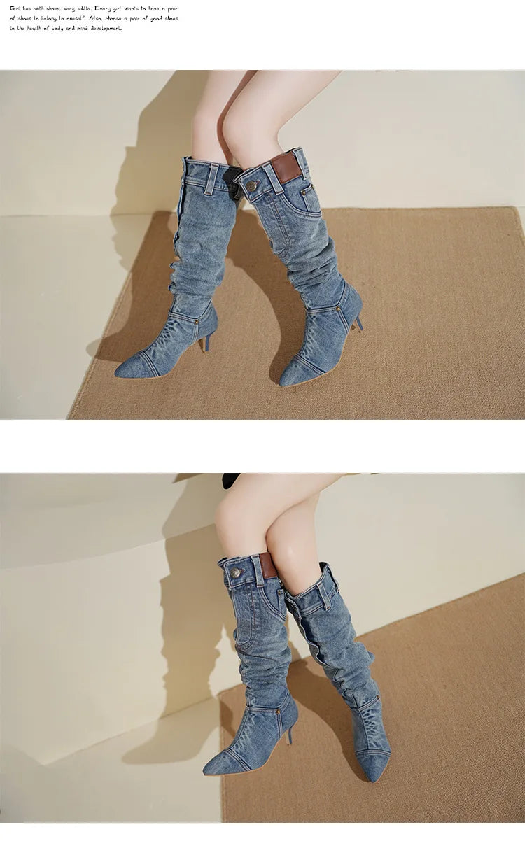 Denim Long Boots Women Knee Boots New 2025 Autumn Winter High Heels Retro Western Hot Girl Cowboy Boots Lady Modern Boot Botas