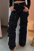 New 2026 Women's High Waist Cargo Denim Jeans with Full Rhinestones Sparkling Casual Baggy Pants Streetwear Chic Daily Trousers