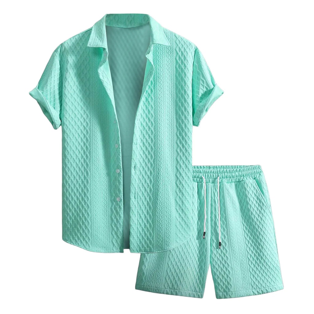2025 Men'S Clothing Casual Two Piece Set Loose Plus Size Solid Button Down Short Sleeve Shirt & Elastic Waist Belted Shorts Suit