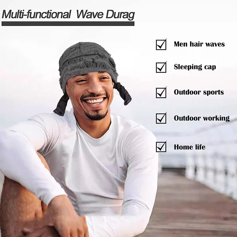 New Punk Style Cotton Durag Headband Elastic Knit Fabric Long Tail Pirate Cap for Men Cycling Head Scarf