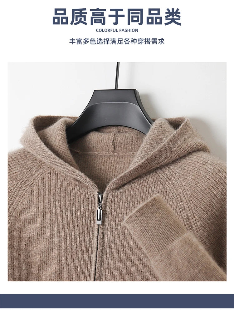 Autumn and Winter 100% Pure Cashmere Cardigan Men's Hoodie Zipper Thick Sweater Loose Plus Size Wool Knitted Sweater Coat
