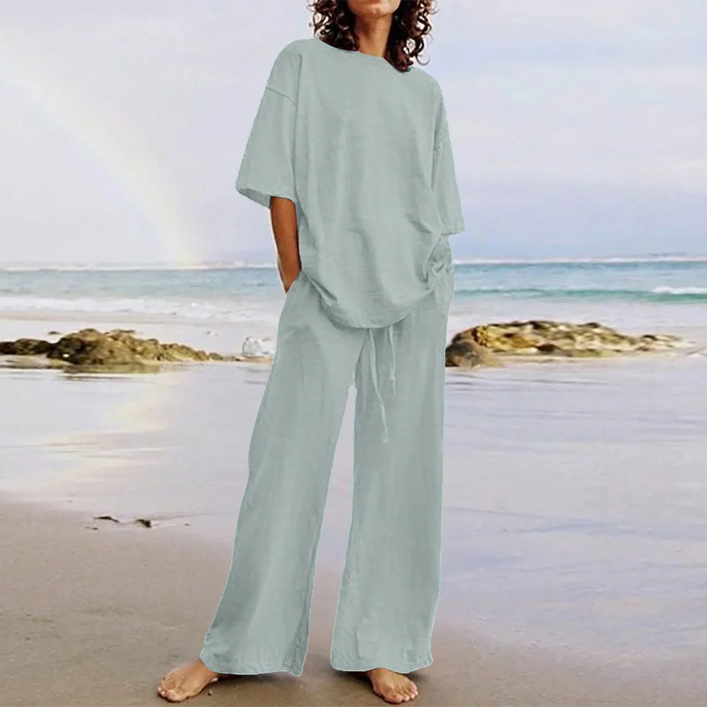 Fashion Women's 2-piece Set 2024 Summer Casual Pocket Set Half Sleeve O-Neck Top and Wide Leg Large Outline Pants Set