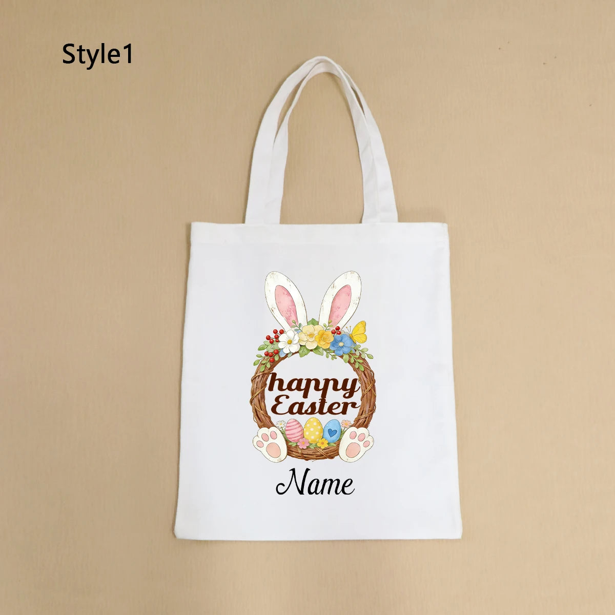 Custom Easter Tote Bag With Bunny And Floral Design, Personalized Name Shoulder Handbag For Spring Celebrations,