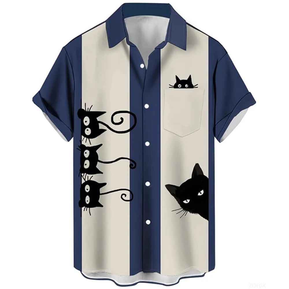 Cat Cartoon Print Shirt] Plus Size 3D Digital Print Cartoon Fun Men's Short Sleeve Button Shirt Fashion Hawaiian Vacation Shirt