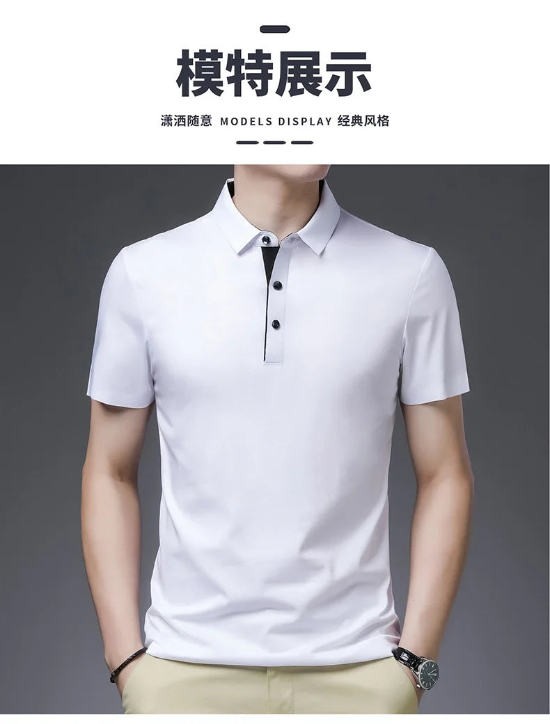 Bamboo Fiber Viscose And Cotton Blend Polo Shirt Men Short Sleeve Collar New Seamless T-shirt Summer Thin Lightweight Poloshirt
