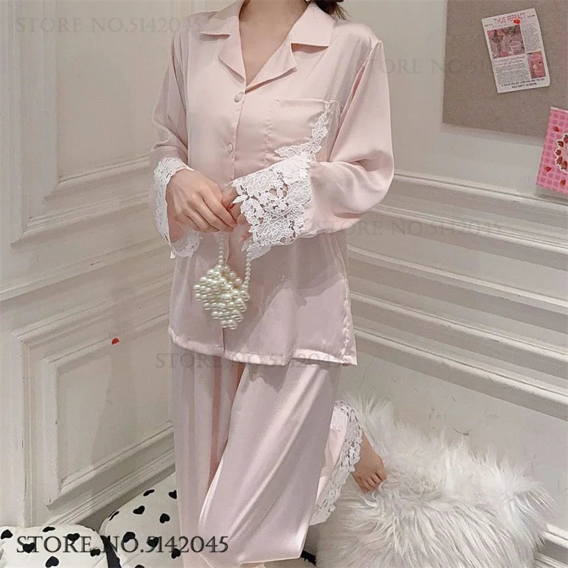 Luxury Women Pajamas Set Night Wear Elegant White Silk Satin Lace Sleepwear Trouser Suit Home Clothes Loose Casual Loungewear
