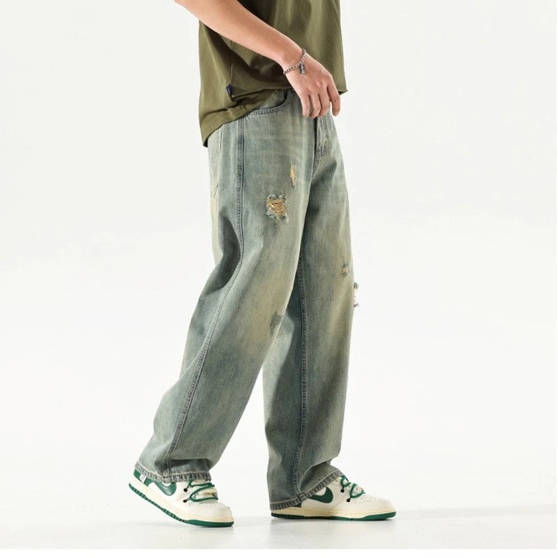 New Fashion Men Ripped Loose Straight Leg Jeans Male American Style Vintage Trend Streetwear Denim Pants Daily Casual Trousers