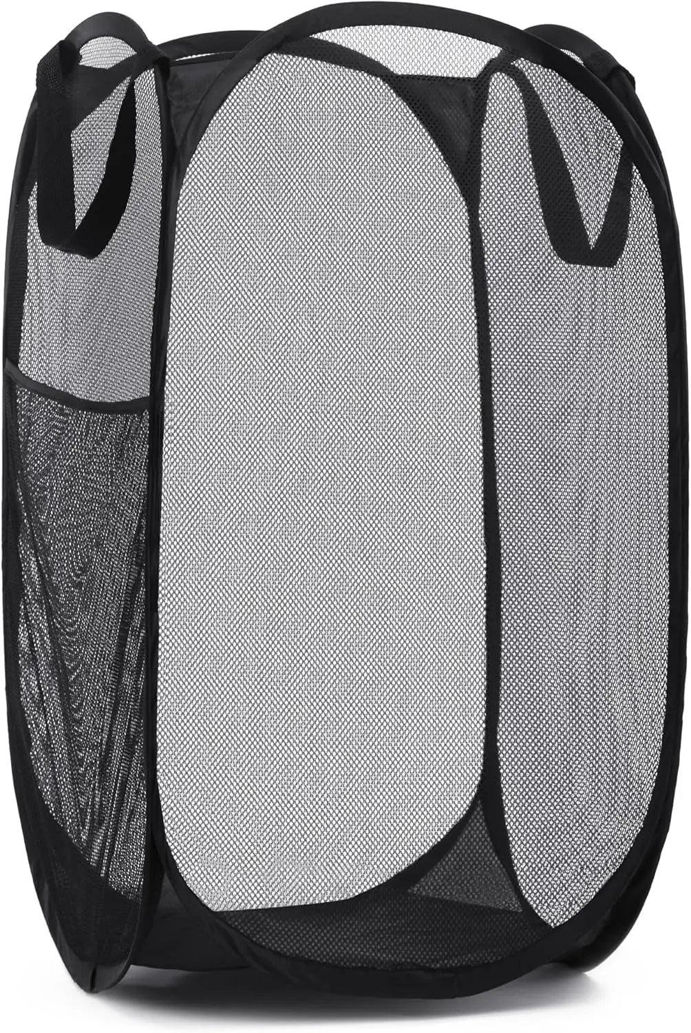 Collapsible mesh pop-up hamper, black, wide opening, side pocket, breathable, foldable, space-saving for clothes & storage