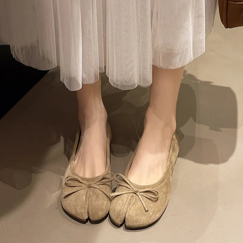 Fashion Suede Split Toe Women Bow Tabi Ballet Flats Spring Autumn Comfortable Walking Lazy Loafers Casual Girls Dance Shoes