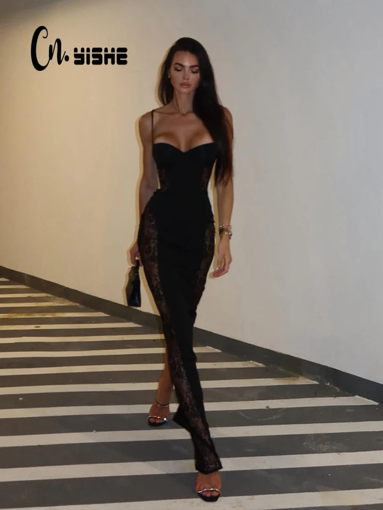 CNYISHE Lace Patchwork Camisoles Solid Split Women Dresses Hip Wrap Sheath Fashion Chic Party Outfits Sexy Club Trendy Female