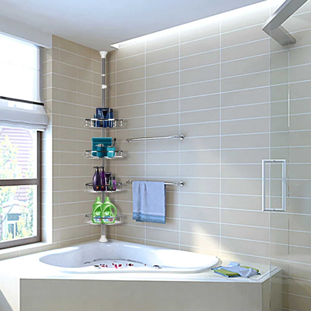 Telescopic Shower Shelf, Stainless Steel Corner Shelf with 4 Shower Baskets, Adjustable 110-280cm for Bathroom and Kitchen