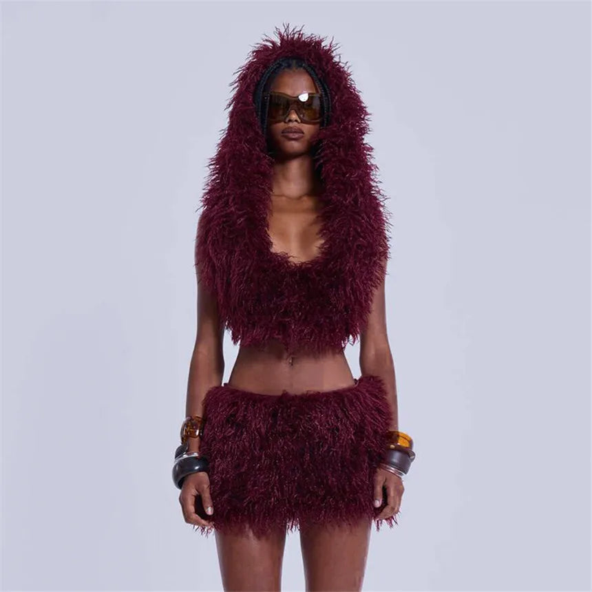 2026 Fall Winter Fashion Faux Fur 2 Piece Set Women Lace Up Backless Hooded Tank Tops + Bodycon Mini Skirts Casual Street Suits