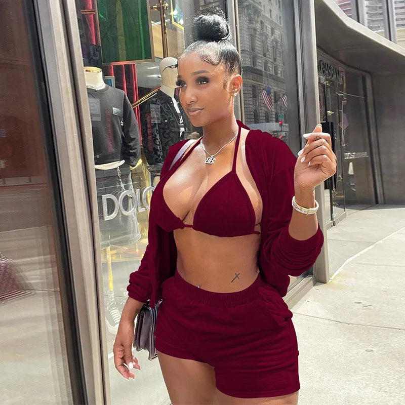 Velvet Tracksuit 3 Piece Set Women Fall Outfits Zipper Hoodies Jacket + Bra + Shorts Sets Sporty Matching Sets Jogging Femme