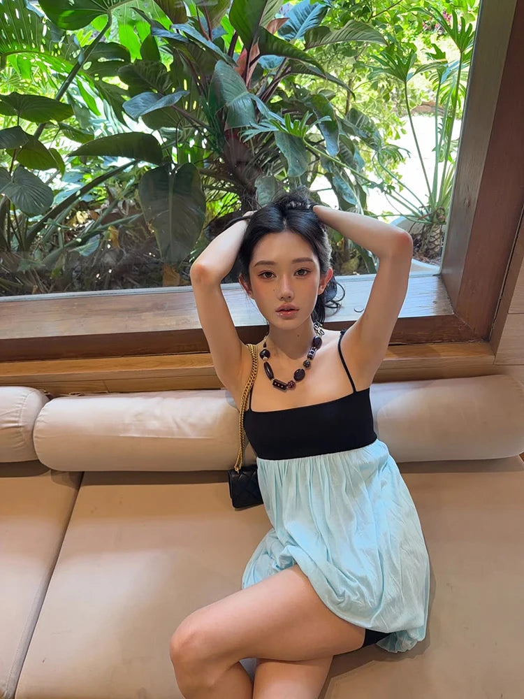 Trendy Color Block Mini Dress Thin Spaghetti Square Neck Back Button Bubble Hem Loose Skirt Casual Summer Daily Date Party Wear