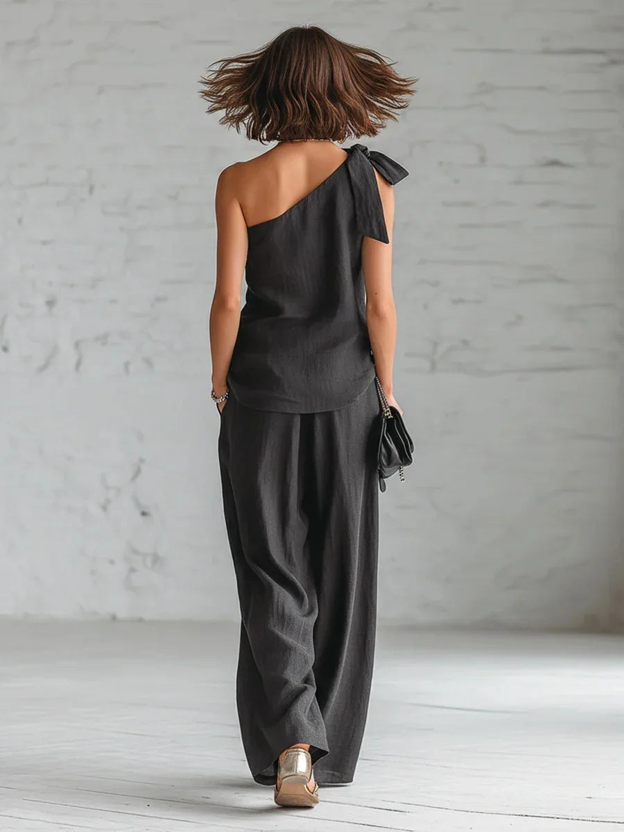 Casual Loose Summer Pants Set 2026 One Shoulder Single Strap Sleeveless Top+Wide Leg Pants Women's Casual Sportswear 2-piece Set