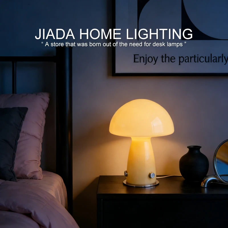 Forest Shade Glass Mushroom Table Lamp Nordic Bauhaus Ins Cream Style Girly Living Room Bedroom Bedside Ornament Ambient Night