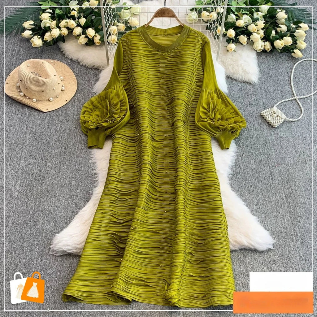 ANLAN Luxury Beading Hollow Out Tassels Pleated Miyake Dresses Women 3D Flower Splice Lantern Sleeve Loose Party Dress 2025 N