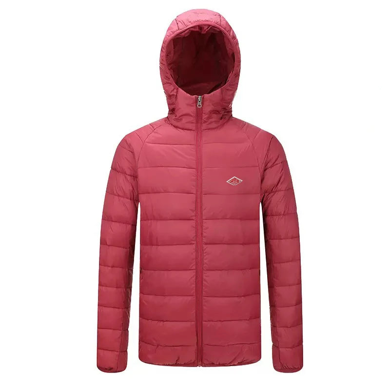 Winter Korean Style Men With Embroidery Logo Front Light Thin Hooded Down Long sleeves Zipper Turtleneck Jacket Warm Windproof