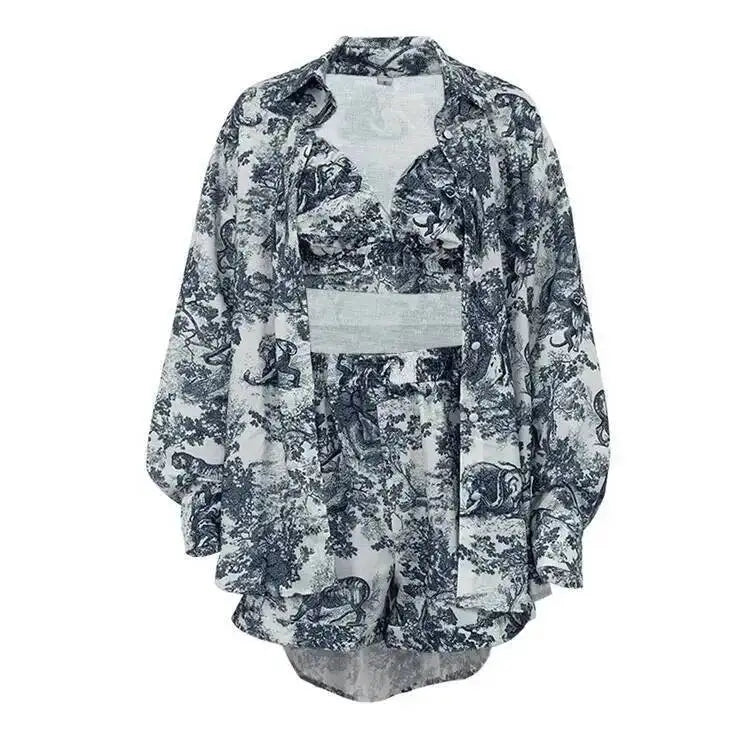 Retro Ink Shirt Three-piece Shorts Suit Women's Summer Casual Long Sleeve Button Print Fashion Shirt With Shorts Suit BX98