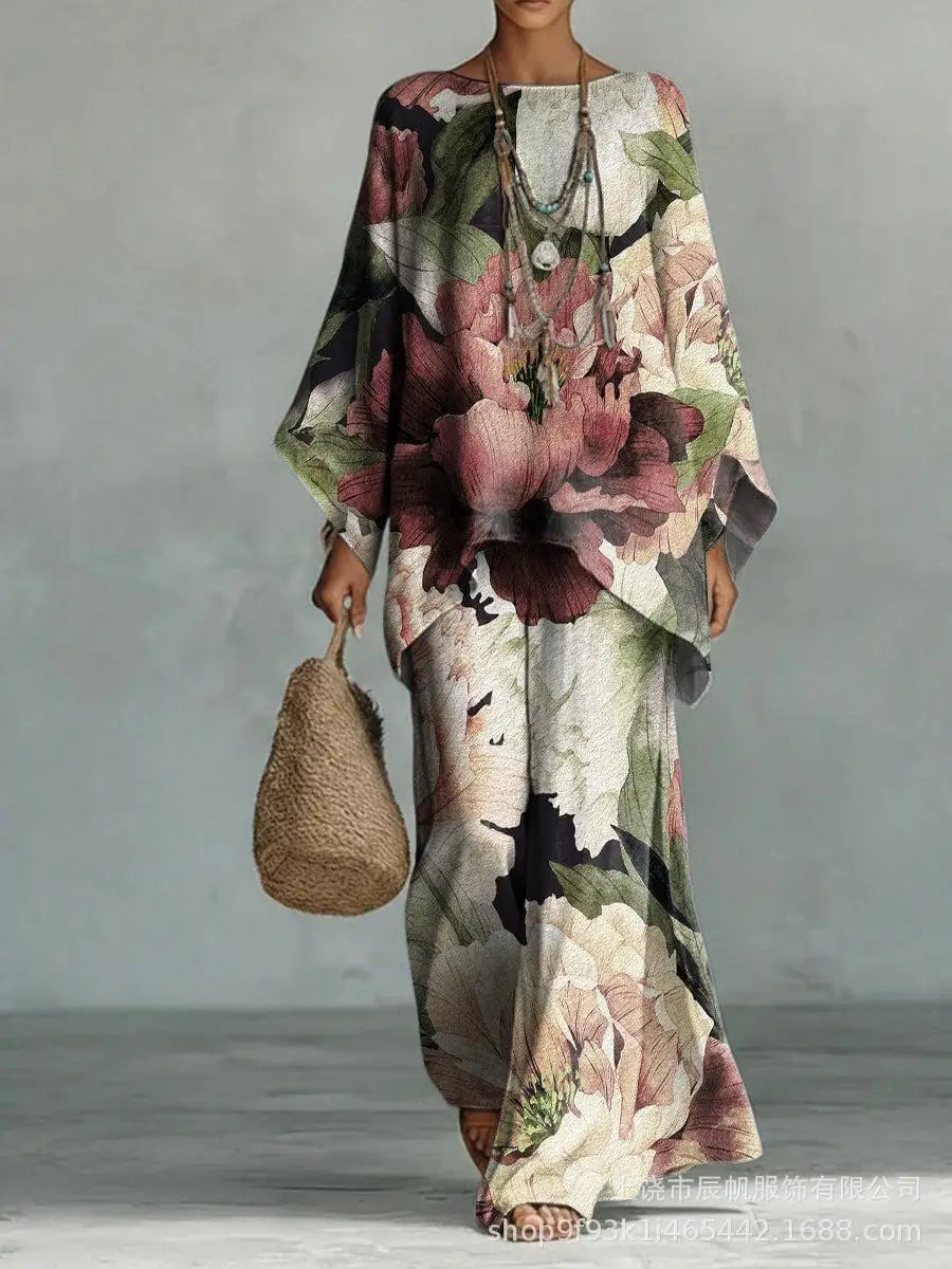 Bohemian Foreign Style Printed Women's Two-piece Set Spring Fashion O-neck Loose Top+wide Leg Pants Suit Ladies Office Outfit
