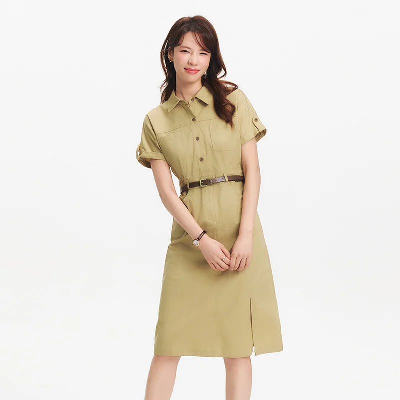 Semir Women Dress Shirt Collar Cotton Slit Midi Belt Slim Vintage Urban Workwear 2026 Summer Fashion Office Top