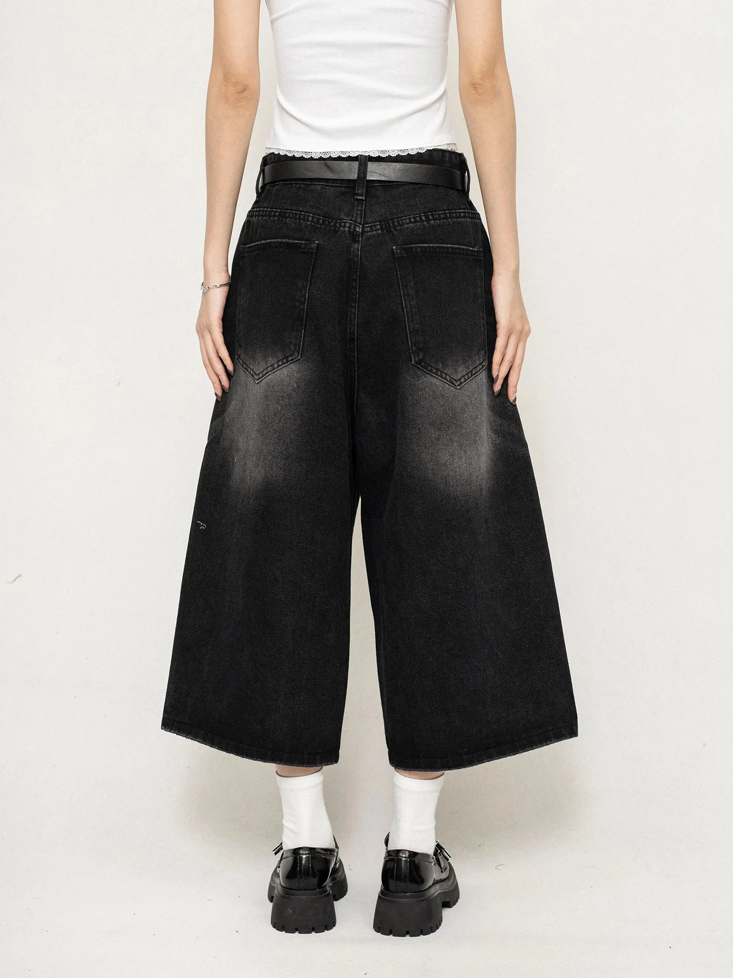 High Waist Black Retro Washed Denim Shorts Women's Harajuku Vintage Fashion Casual Loose Y2K Streetwear Mid Long Wide Leg Pants