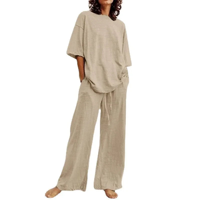 Fashion Women's 2-piece Set 2024 Summer Casual Pocket Set Half Sleeve O-Neck Top and Wide Leg Large Outline Pants Set