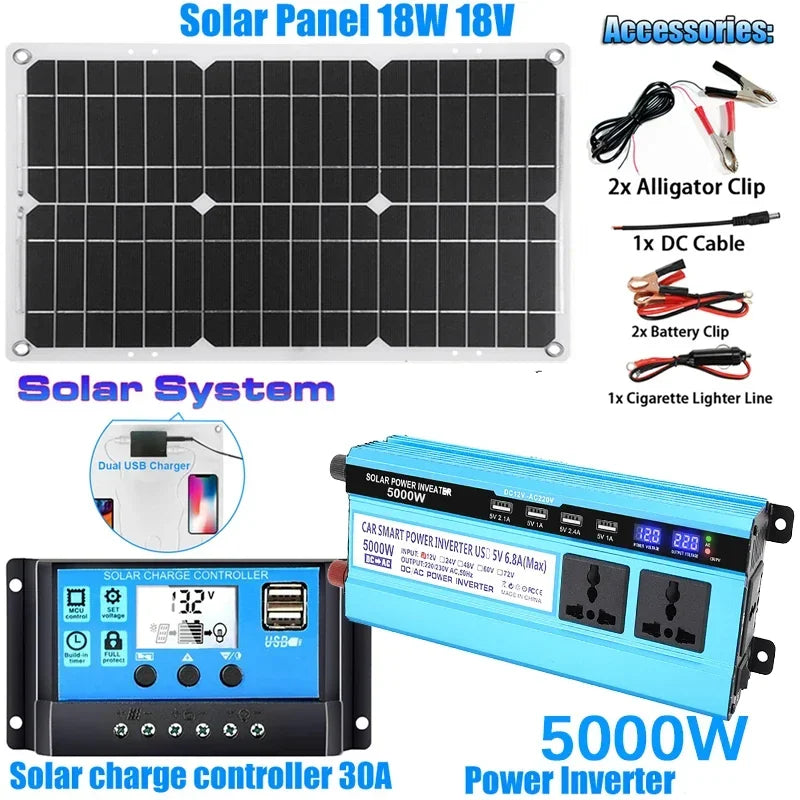3000W/4000W/5000W/6000W Solar Panel System Power Inverter Kit 12V to 220V with 18V Solar Panel+30A Charge Controlle Power