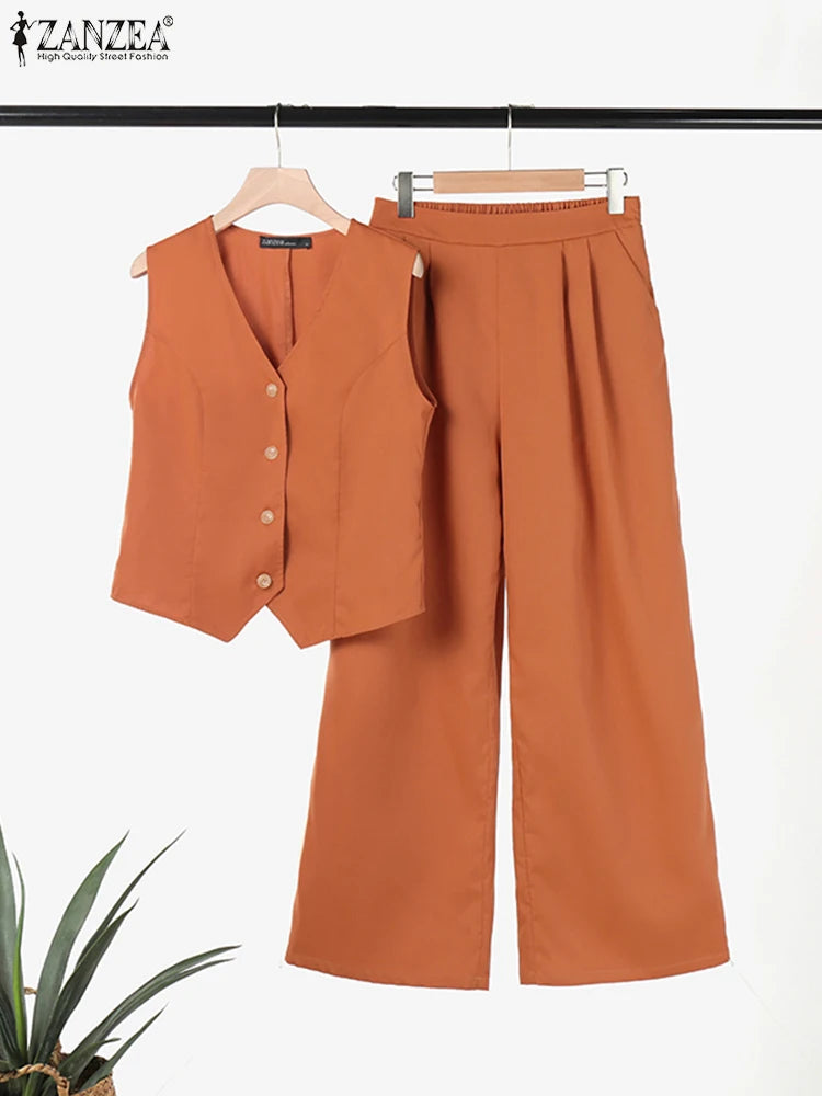 ZANZEA 2026 Women's Two-Piece Sets Wide Leg Pants & Vest Tops Summer Elegant Casual Pant Suits Outfits Office Work Plus Size 5XL
