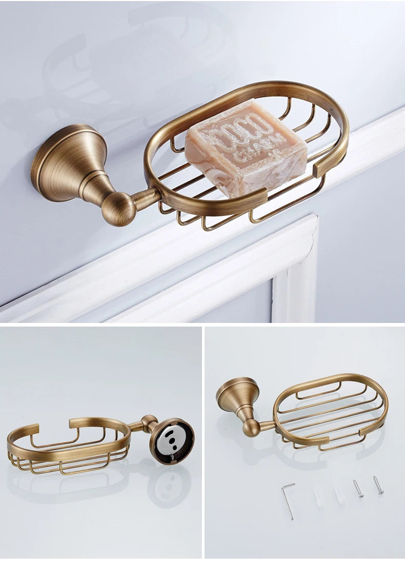 Antique brass plated wall-mounted towel rack bathroom hardware pendant set paper towel holder coat hook toilet brush ELA68A