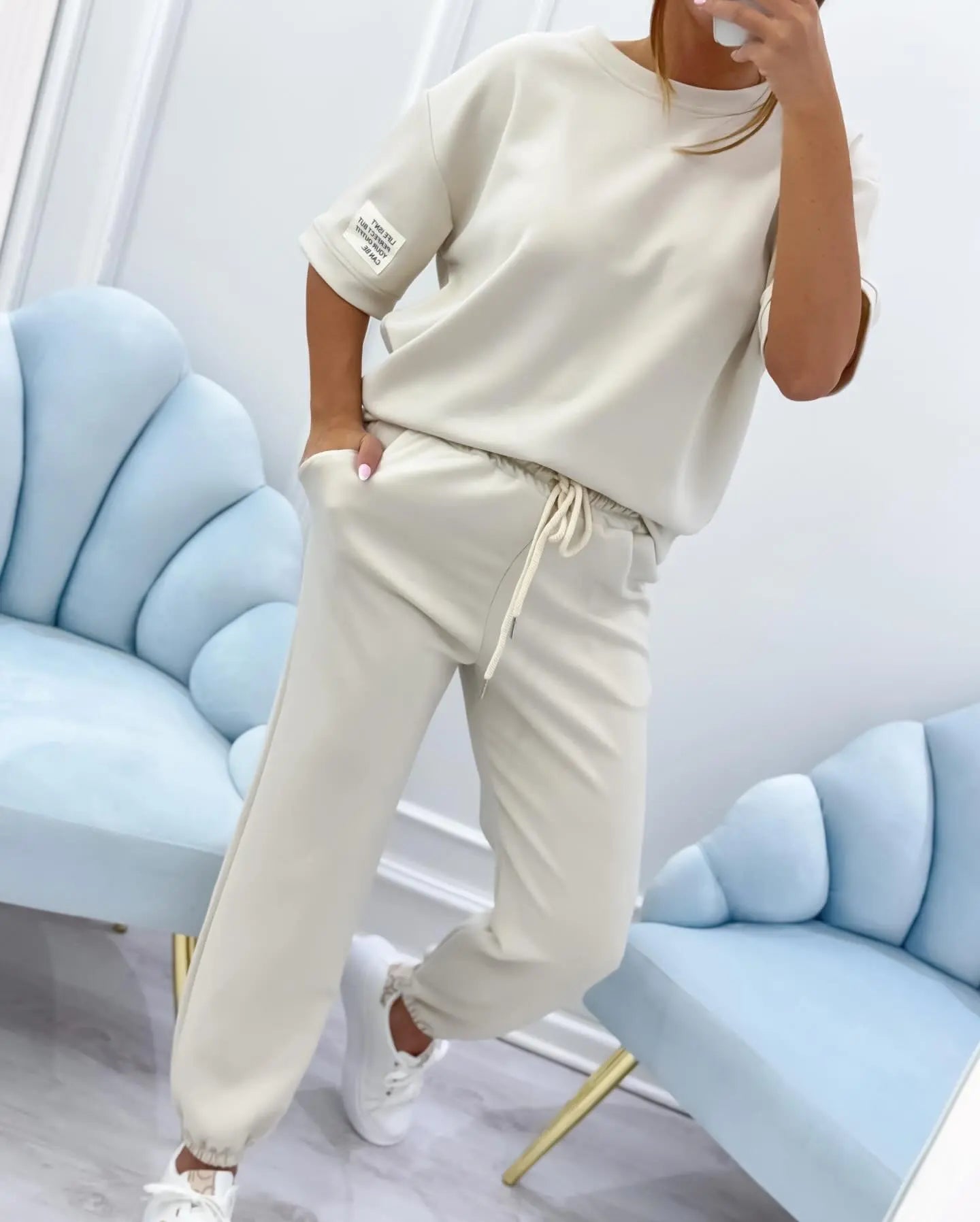 Fashion O Neck Short Sleeve Solid Color T-shirt Women Trousers 2-piece Set Summer Casual Sports Elastic Small Feet Trousers Suit