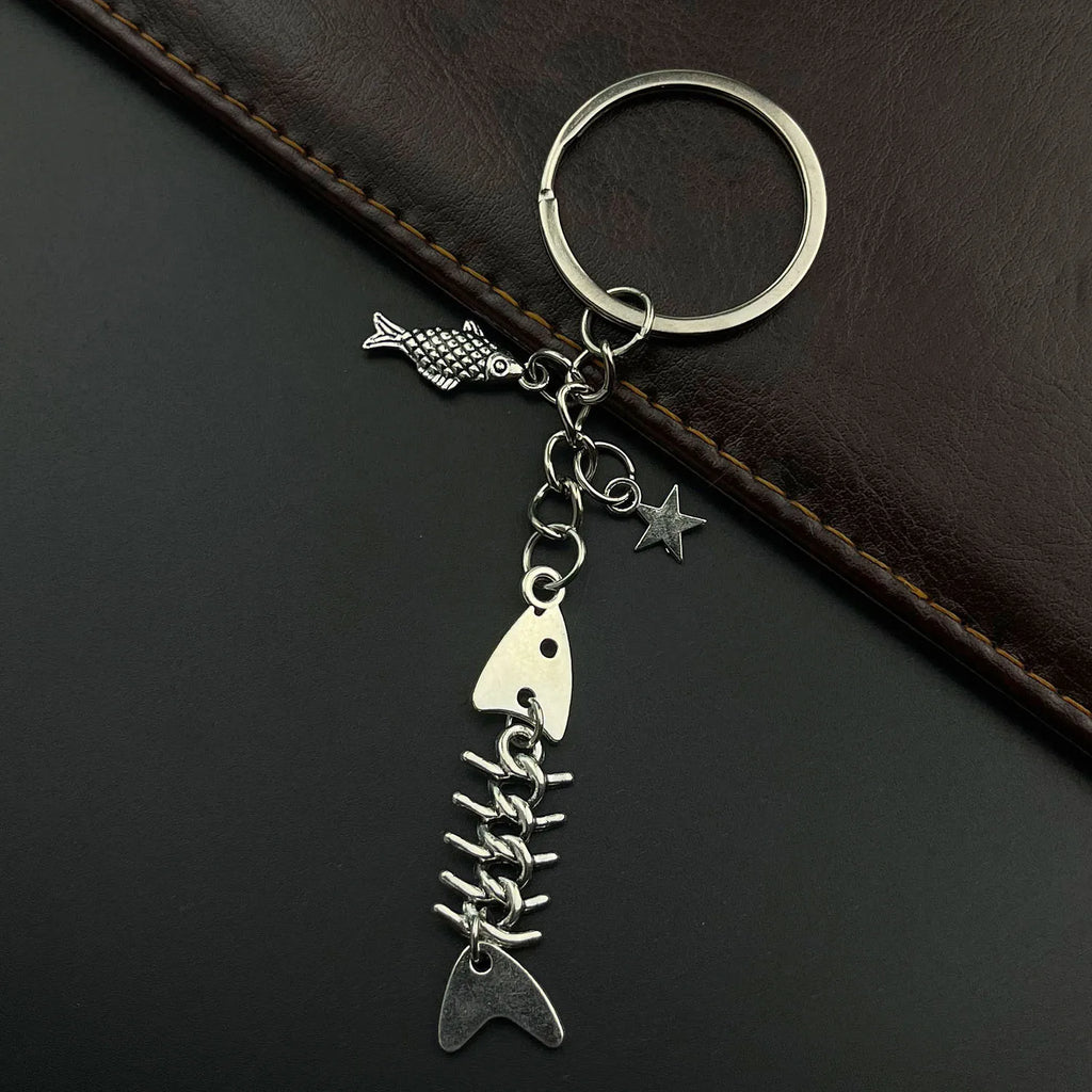 Key Chain Fish Cute Bag Charm Keyring for Car Fishbone Star Punk  DIY Handmade Jewelry Gifts