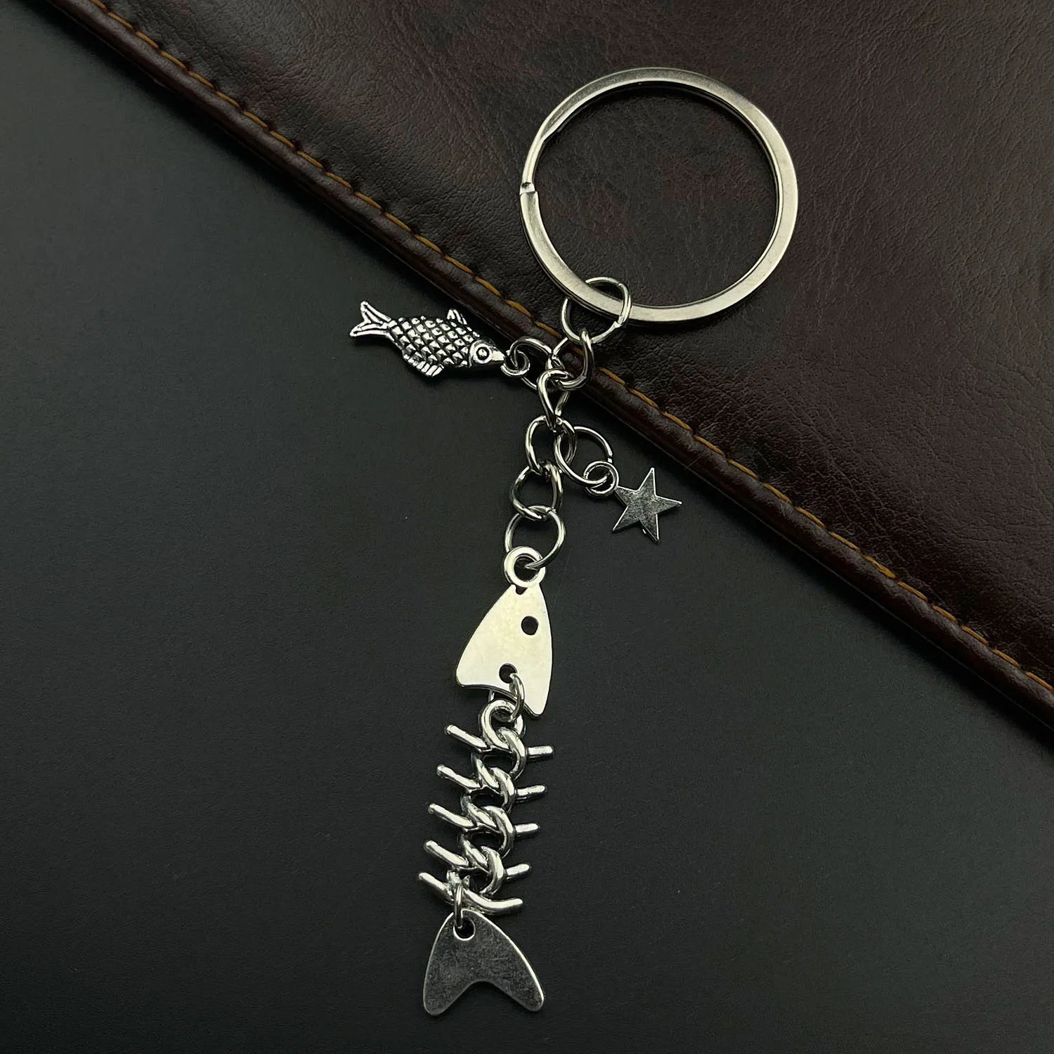 Key Chain Fish Cute Bag Charm Keyring for Car Fishbone Star Punk  DIY Handmade Jewelry Gifts