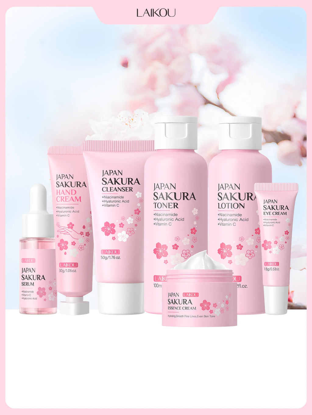 LAIKOU Japanese Sakura Skin Care Set - Hydrating Nourishing Moisturizing Soften Rough Skin for Radiant Complexion