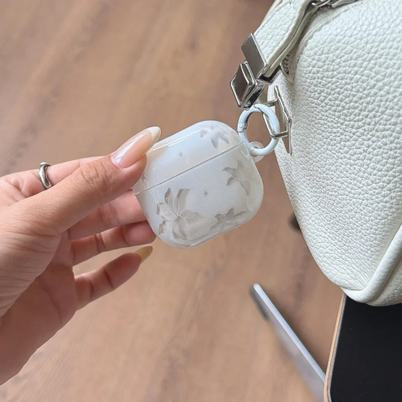 White Lily Flower Print Transparent Earphone Case with Keychain For Airpods 1, 2, 3, 4, Pro, Pro2, Pro3, Dustproof