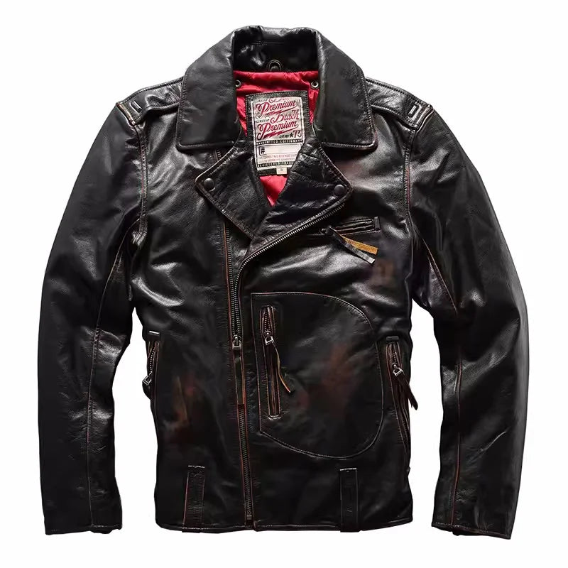 Vintage Black Winter Leather Jacket Men Retro Style Plus Size 5XK Natural Thick Cowhide Diagonal Zipper Genuine Leather Coat